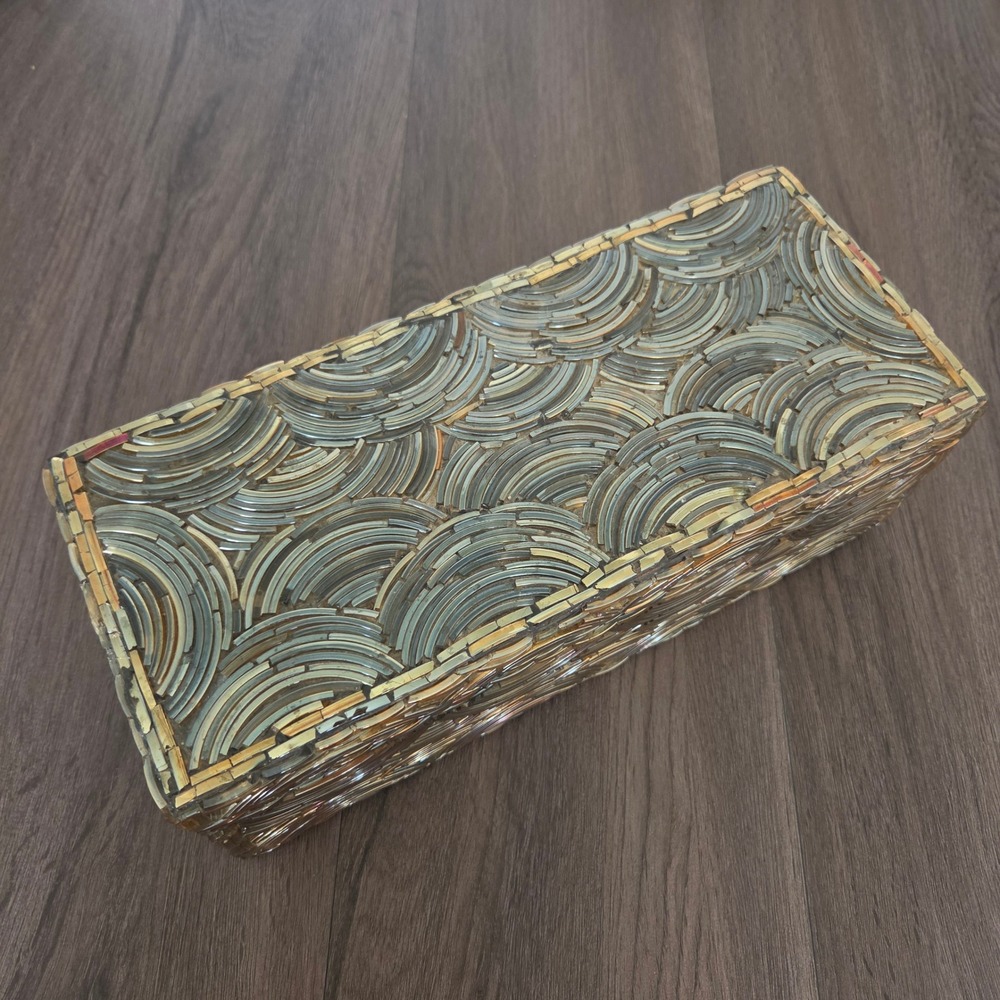 Art Deco Style Mosaic Glass Trinket Jewelry Box Fan Pattern Large 12x5